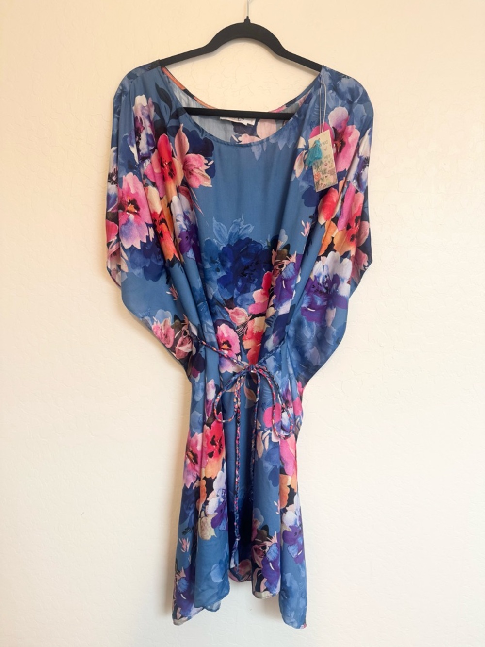 NWT JOHNNY WAS SUMMER DAYS BLUE FLORAL DRESS WITH BRAIDED TIE Size Small - Picture 3 of 9